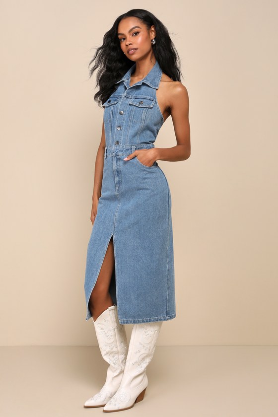 Shop Lulus Iconic Occasion Medium Wash Denim Halter Midi Dress With Pockets In Blue