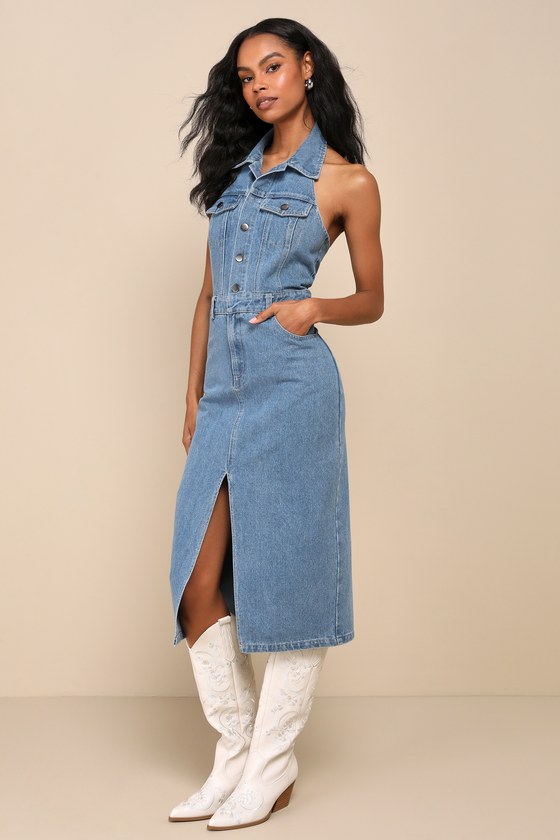 Iconic Occasion Medium Wash Denim Halter Midi Dress With Pockets 3