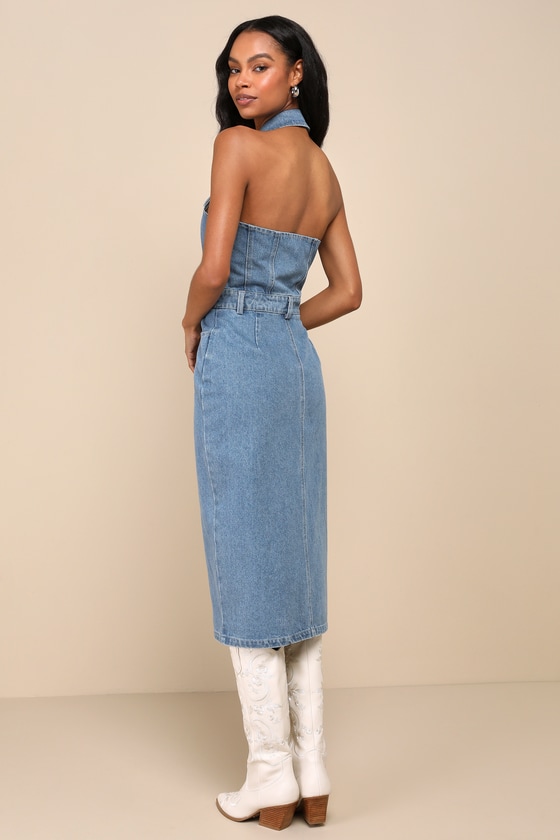 Shop Lulus Iconic Occasion Medium Wash Denim Halter Midi Dress With Pockets In Blue