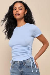 Sweet Ease Light Blue Textured Ribbed Ruched Short Sleeve Top
