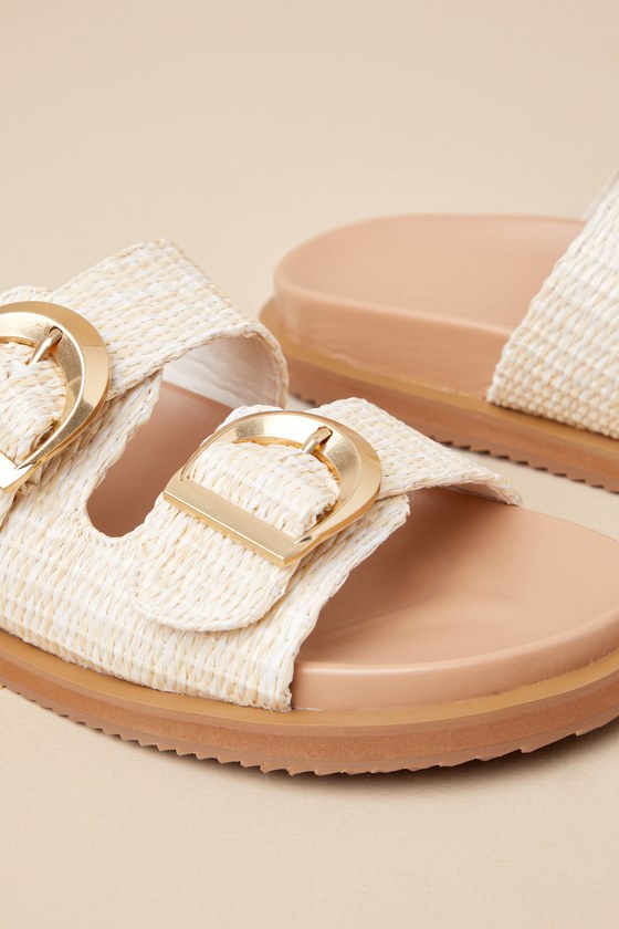 Shop Billini Tayo Natural Raffia Buckle Slide Sandals In Beige