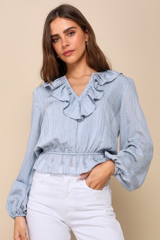 Shop Lulus Perfect Perspective Blue Velvet Striped Ruffled Long Sleeve Top