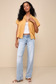 Low Loose Light Wash Distressed Low-Rise Wide-Leg Jeans