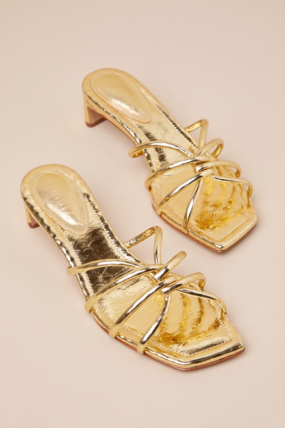 Schutz Rachel Gold Metallic Snake Leather Kitten Heel Mule Sandals