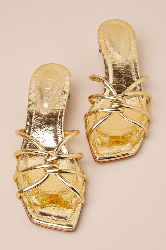 Shop Schutz Rachel Gold Metallic Snake Leather Kitten Heel Mule Sandals