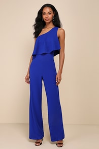 Flawless Vibes Royal Blue One-Shoulder Tiered Wide-Leg Jumpsuit