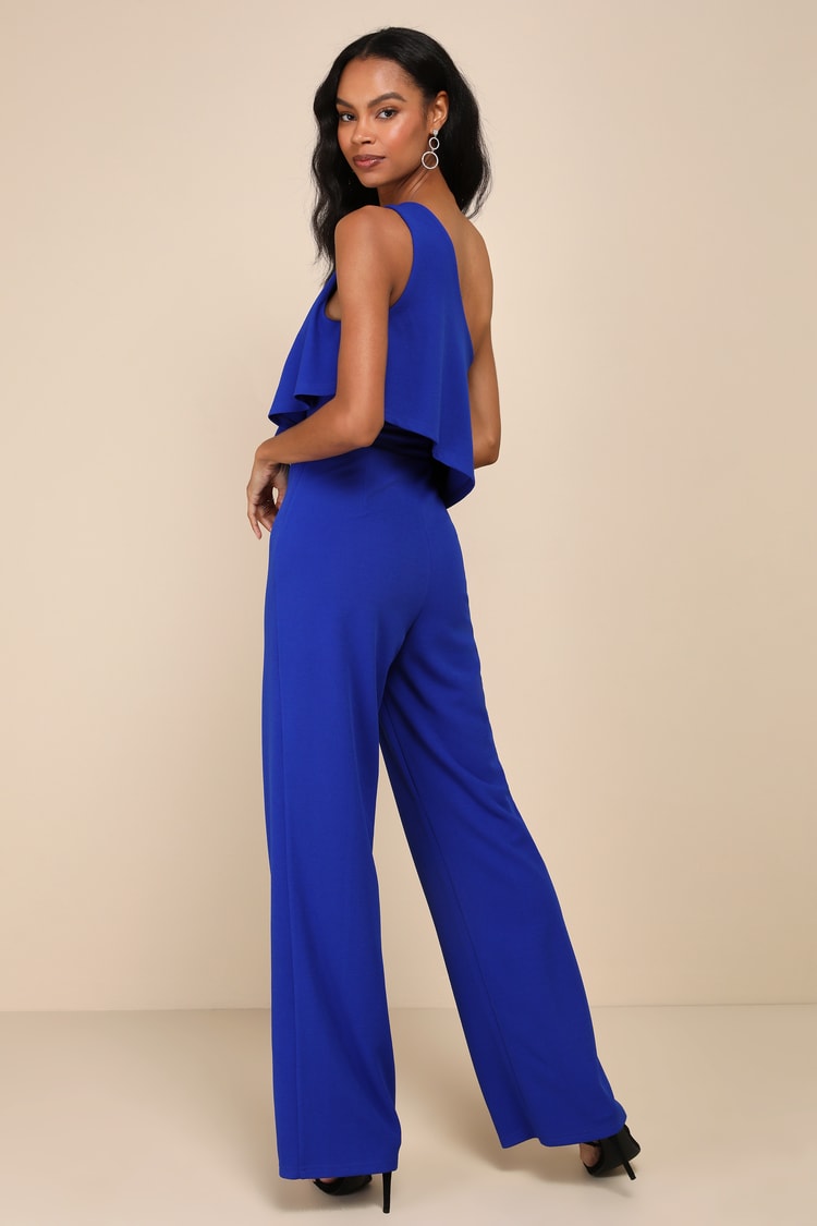 Flawless Vibes Royal Blue One-Shoulder Tiered Wide-Leg Jumpsuit