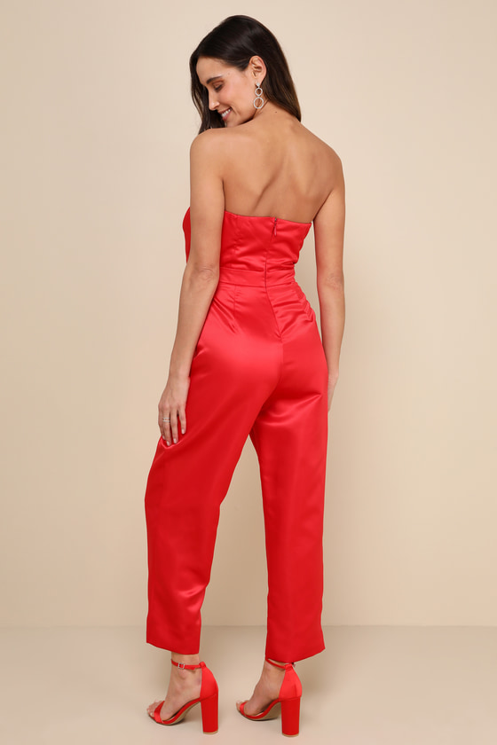 Shop Lulus Iconic Date Red Satin Bow Cutout Strapless Jumpsuit