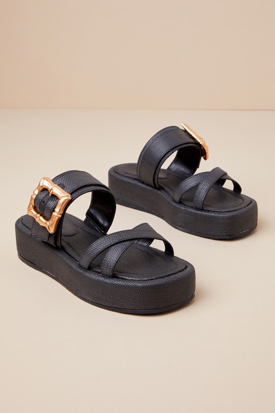 Schutz Lola Black Buckle Flatform Slide Sandals