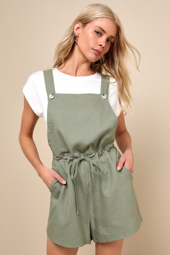 Lulus Cutest Vibes Olive Green Linen Drawstring Romper