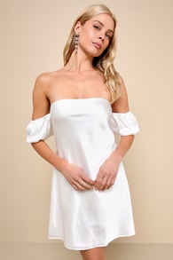 Sensational Feeling White Satin Off-the-Shoulder Mini Dress