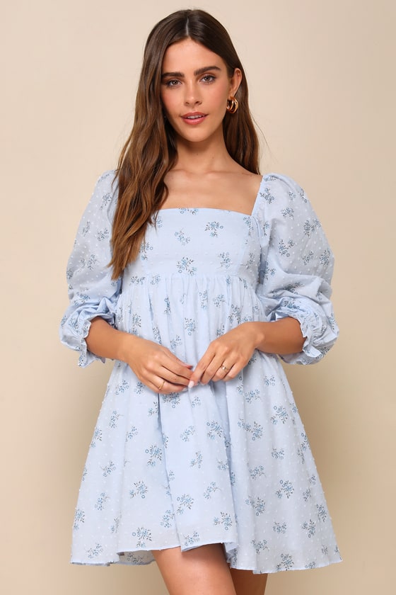Always Charming Light Blue Floral Swiss Dot Babydoll Dress 1