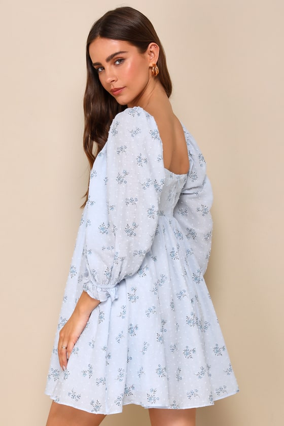 Lulus Always Charming Light Blue Floral Swiss Dot Babydoll Dress In Light Blue