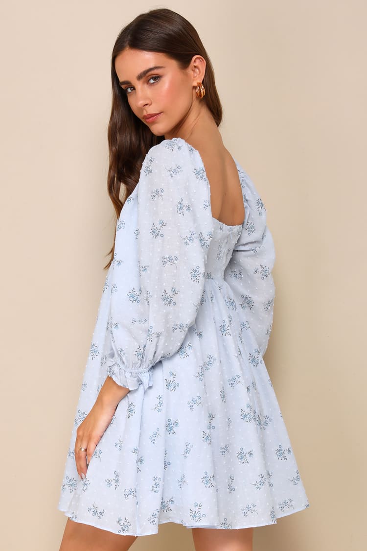 Always Charming Light Blue Floral Swiss Dot Babydoll Dress