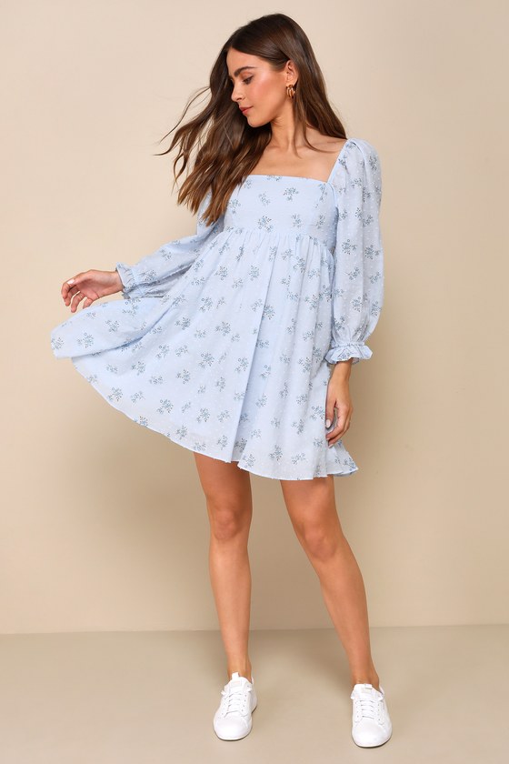 Lulus Always Charming Light Blue Floral Swiss Dot Babydoll Dress In Light Blue