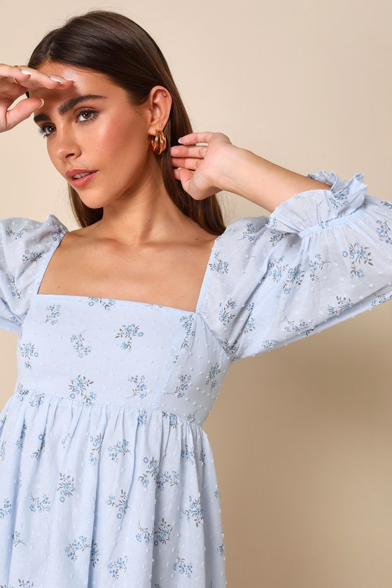 Lulus Always Charming Light Blue Floral Swiss Dot Babydoll Dress In Light Blue