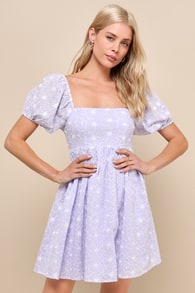 Fit to Frolic Lavender Eyelet Lace Puff Sleeve Babydoll Dress