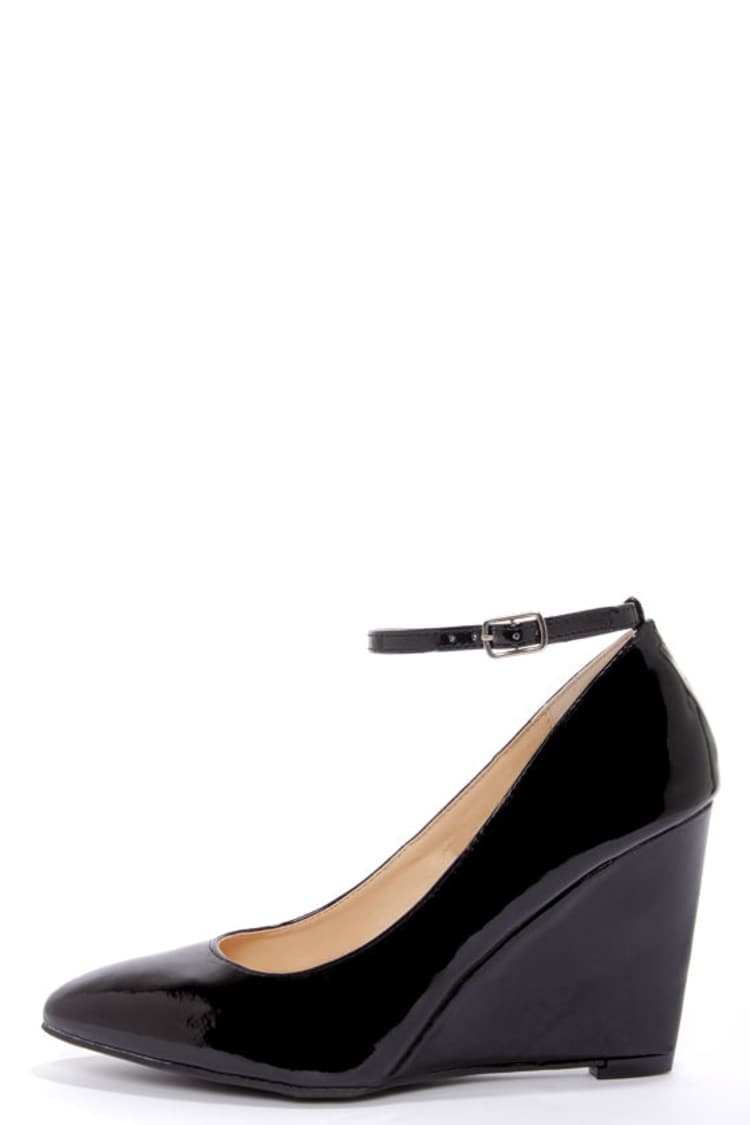 Ankle Strap Bamboo Brand Wedges Bamboo Reya 02 Black Patent