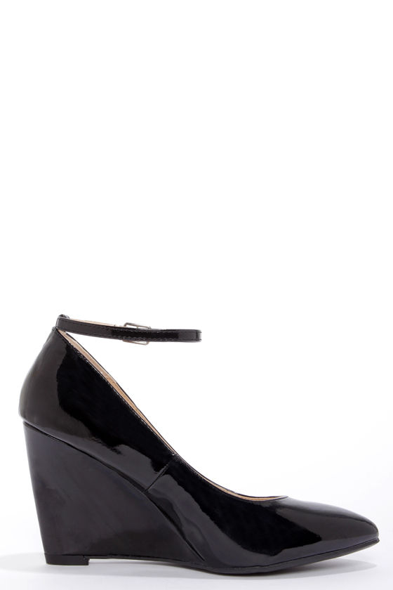 Cute Black Wedges Ankle Strap Wedges Black Patent Heels 34.00