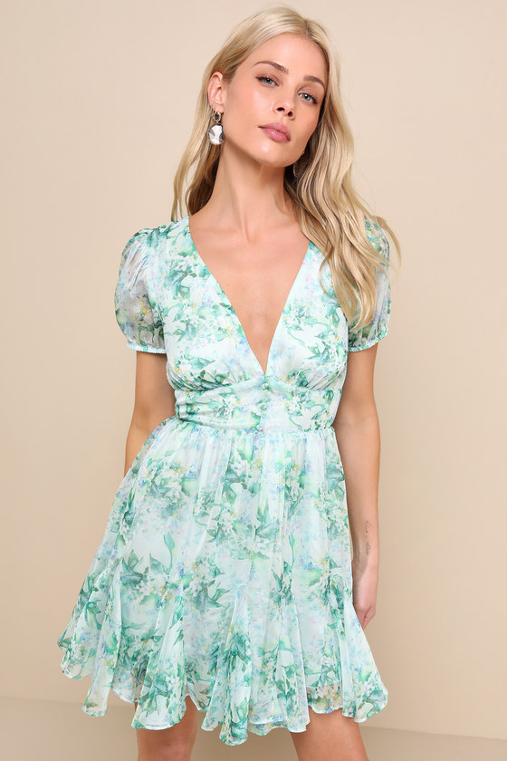 Lulus Adored Behavior Light Green Floral Cutout Puff Sleeve Mini Dress