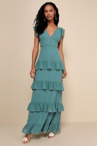 Elegant Mentality Teal Blue Ruffled Tiered Cutout Maxi Dress