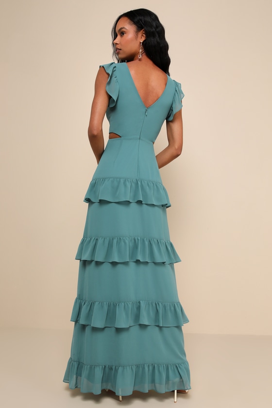 Lulus Elegant Mentality Teal Blue Ruffled Tiered Cutout Maxi Dress In Teal Blue