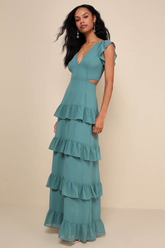 Lulus Elegant Mentality Teal Blue Ruffled Tiered Cutout Maxi Dress In Teal Blue