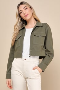 City Walks Olive Green Twill Collared Cropped Jacket