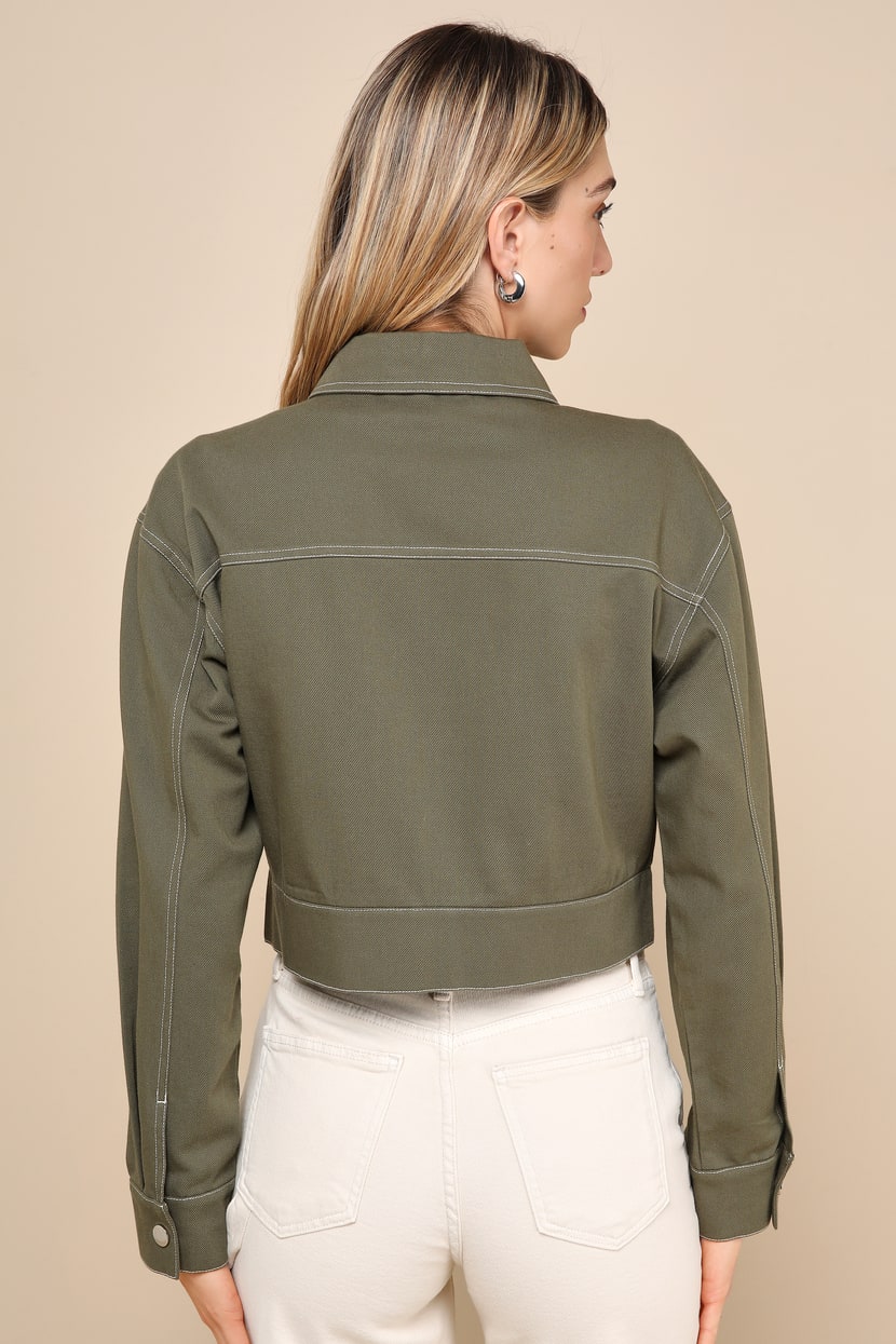 Olive Green Crop Jacket Olive Green Jacket Collared Short Jacket