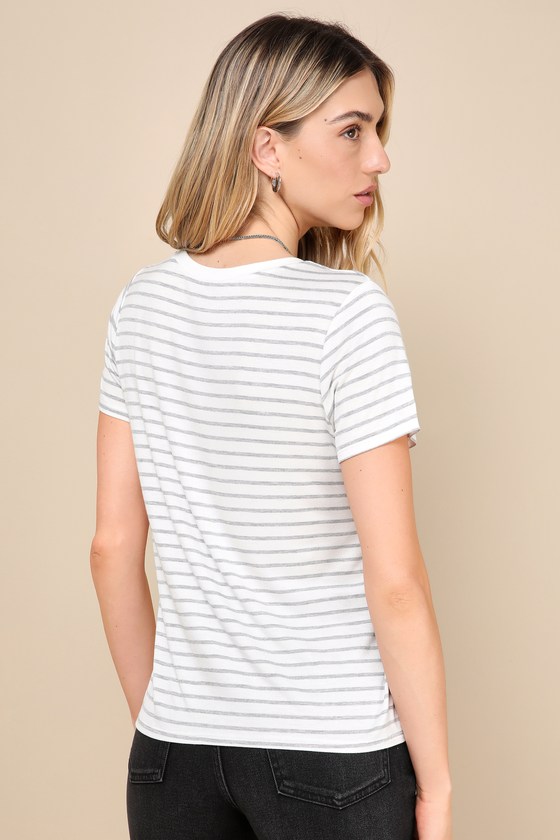 Shop Lulus Adyn Ivory And Heather Grey Striped V-neck Short Sleeve Tee