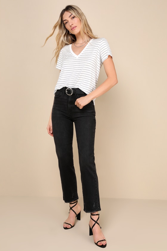 Shop Lulus Adyn Ivory And Heather Grey Striped V-neck Short Sleeve Tee
