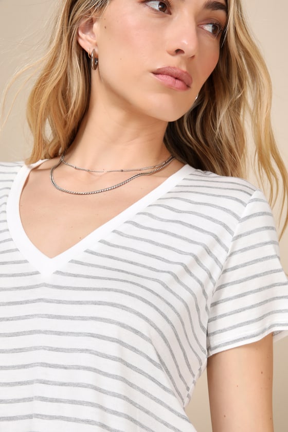 Shop Lulus Adyn Ivory And Heather Grey Striped V-neck Short Sleeve Tee