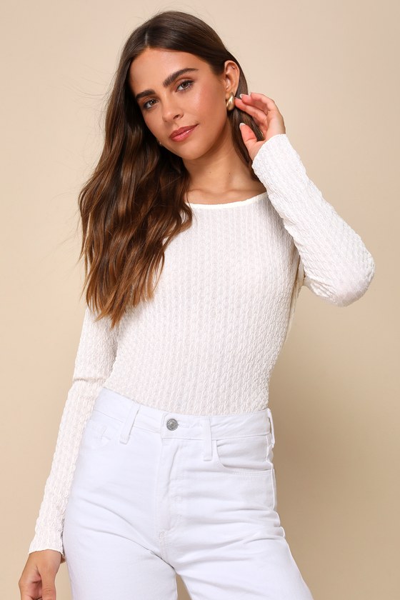 Lulus On-trend Aura Cream Textured Sheer Long Sleeve Top In White