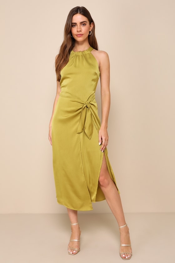 Lulus Summery Direction Chartreuse Backless Faux Wrap Midi Dress In Green