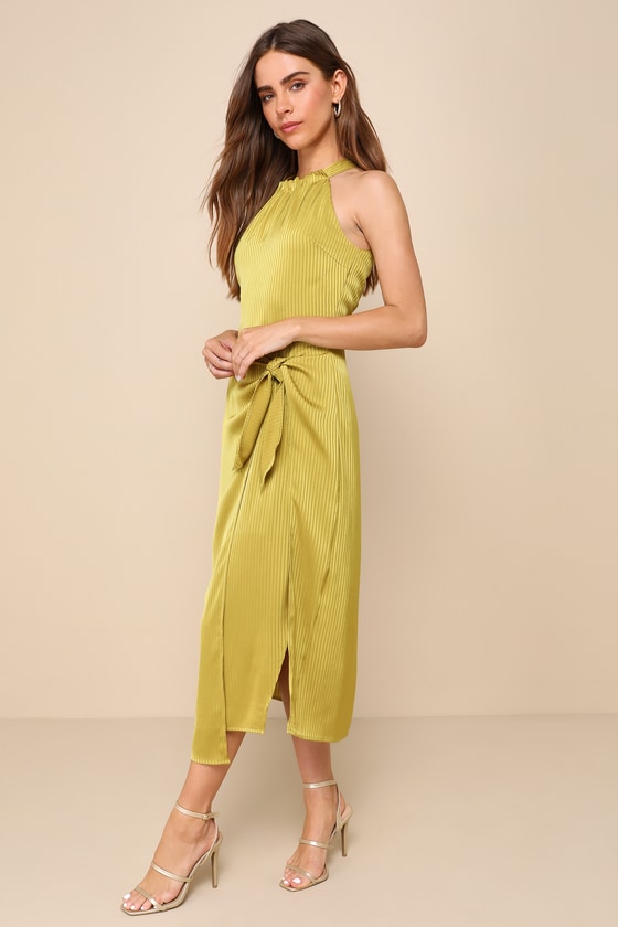 Shop Lulus Summery Direction Chartreuse Backless Faux Wrap Midi Dress In Green