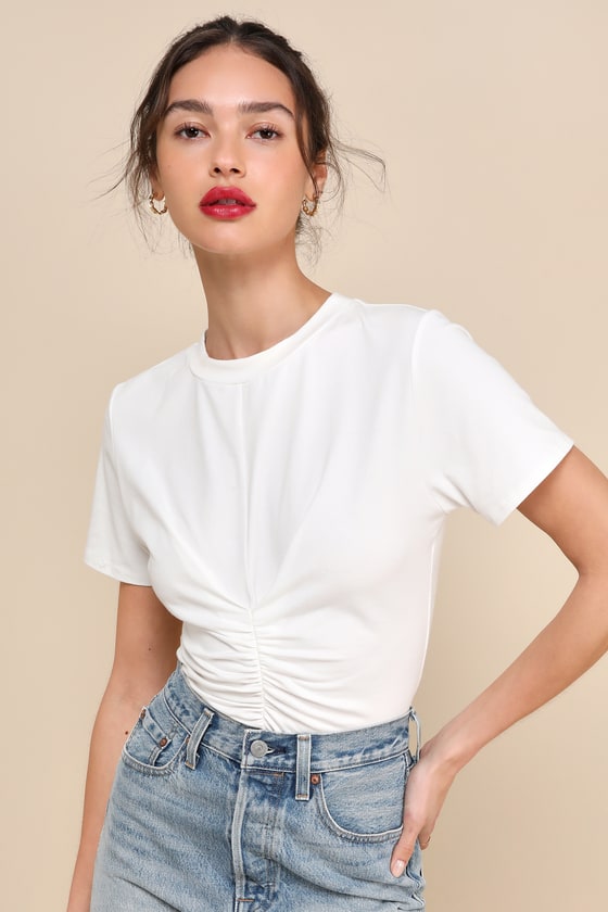 Lulus Simply A Vibe Ivory Ruched Short Sleeve Crew Neck Top