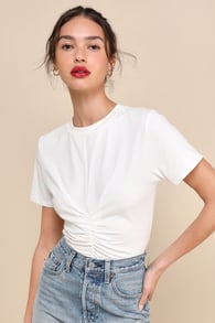 Simply a Vibe Ivory Ruched Short Sleeve Crew Neck Top