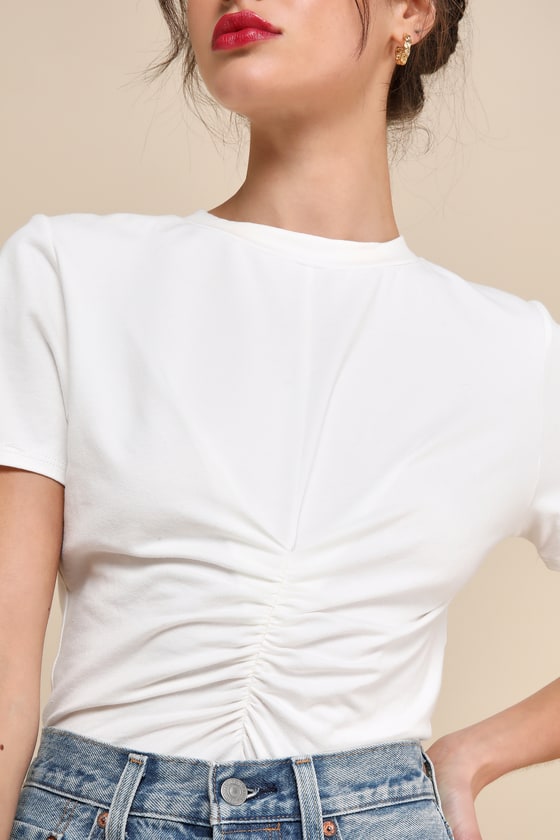 Shop Lulus Simply A Vibe Ivory Ruched Short Sleeve Crew Neck Top