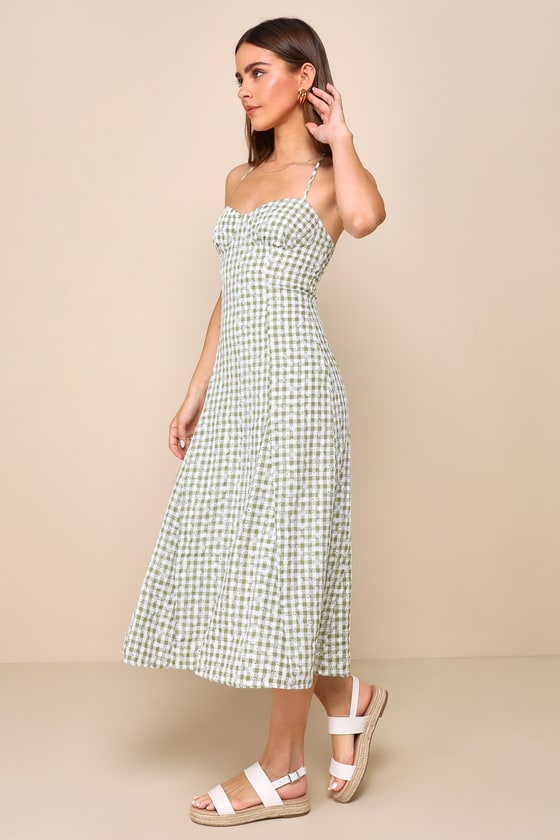Lulus Daytime Sweetie Green Gingham Embroidered Halter Midi Dress In Green