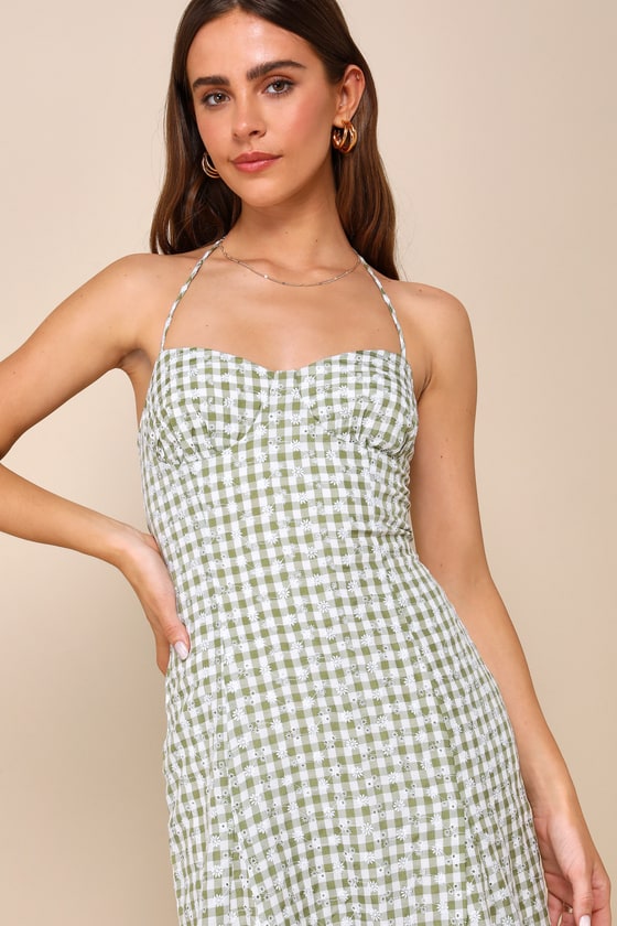 Lulus Daytime Sweetie Green Gingham Embroidered Halter Midi Dress In Green