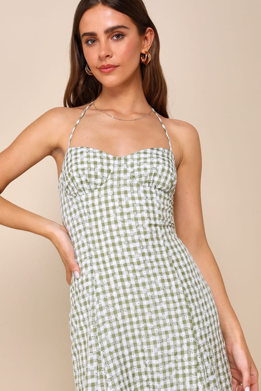 Green Plaid Midi Dress - Floral Embroidered Dress - Halter Dress - Lulus