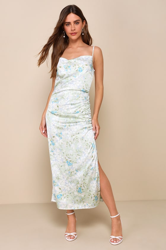 Green Floral Midi Dress - Ruched Satin Dress - Sleeveless Midi - Lulus