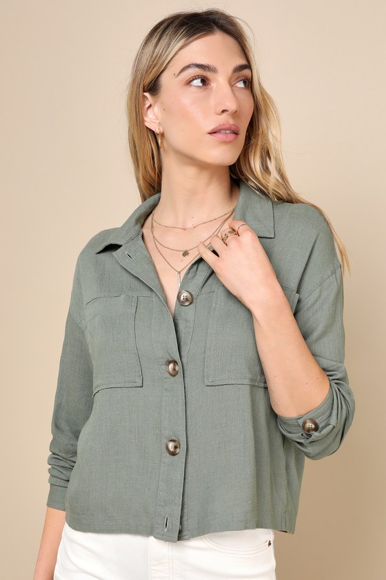 Lulus Everyday Enjoyment Olive Green Lightweight Linen Jacket