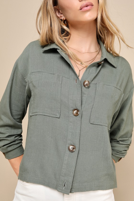 Lulus Everyday Enjoyment Olive Green Lightweight Linen Jacket In Olive Green