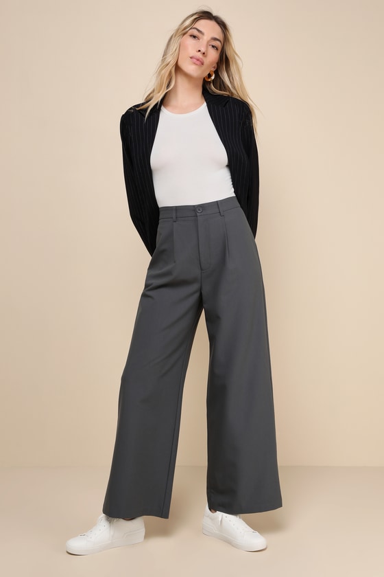 Lulus Totally Sophisticated Dark Grey High-rise Wide-leg Trouser Pants