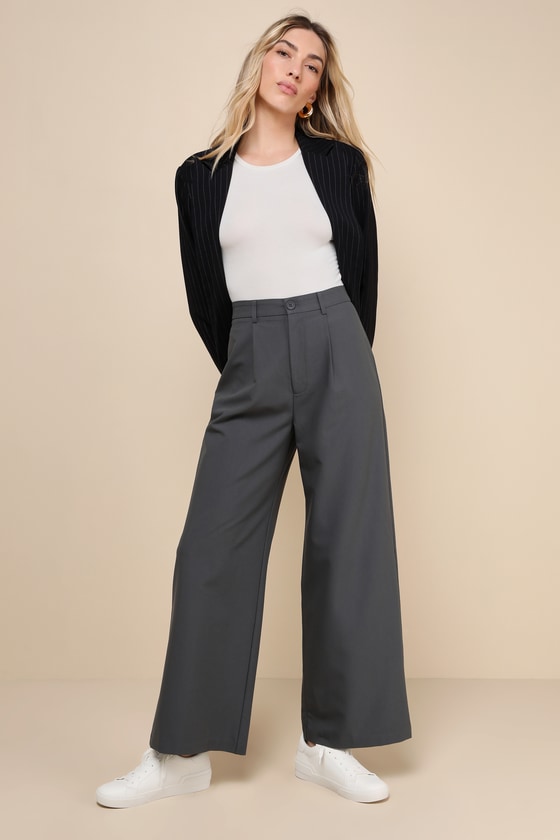 Totally Sophisticated Dark Grey High-Rise Wide-Leg Trouser Pants 1