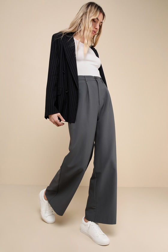 Shop Lulus Totally Sophisticated Dark Grey High-rise Wide-leg Trouser Pants