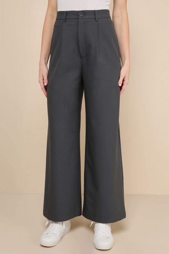 Shop Lulus Totally Sophisticated Dark Grey High-rise Wide-leg Trouser Pants