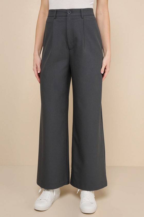 Totally Sophisticated Dark Grey High-Rise Wide-Leg Trouser Pants 5