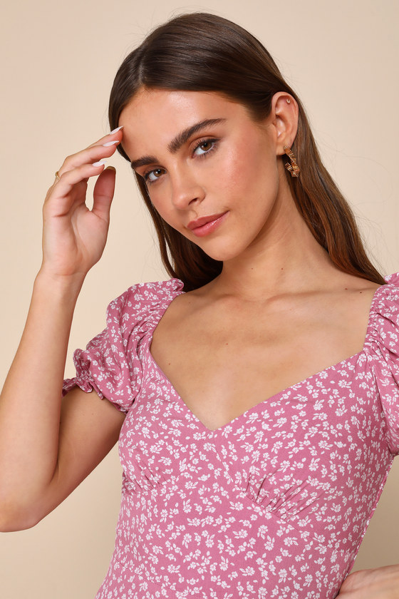Lulus Grateful Feelings Pink Floral Print Puff Sleeve Mini Dress In Pink